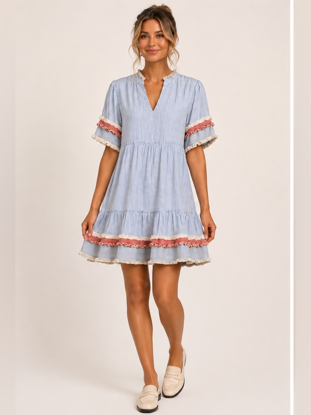Blue Stripe Gingham Ruffle Trim Preppy Coastal Short Sleeve Tunic Dress X-Large
